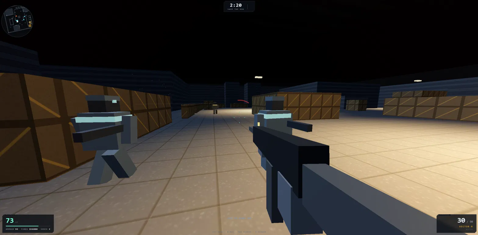 Two keepers moving through a crate-lined corridor, player at 73 HP taking fire